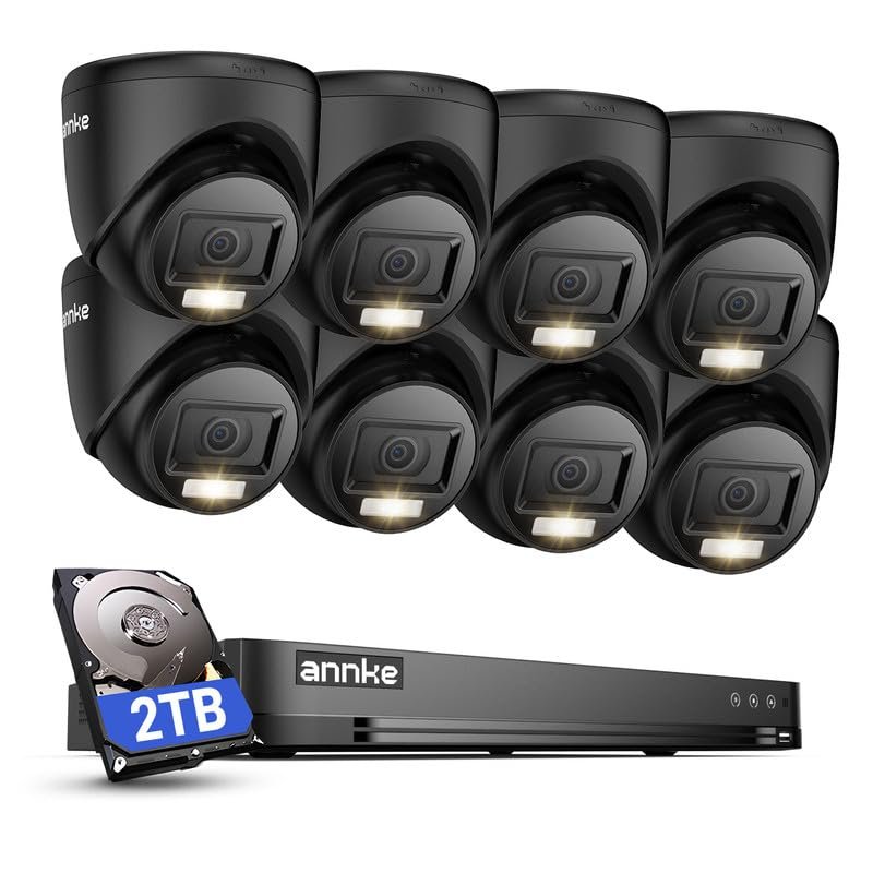 ANNKE 1080P Security Camera System, 16CH 4K DVR with AI Motion Detection, 8X 2MP (19201080) Add-on Wired Black Turret Cams with Smart Color Night Vision, IP67, Compatible with Alexa, 2TB HDD