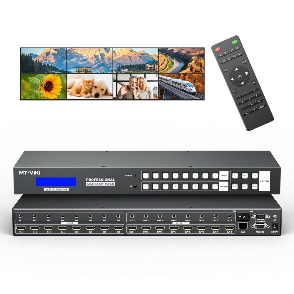 MT-VIKI 4K30Hz Seamless HDMI Matrix Switcher 8x8, Video Wall Controller 4x2 & Multiviewer w/PIP+ 3.5MM Audio, Rack Mount HDMI Matrix Switcher Splitter w/Web GUI