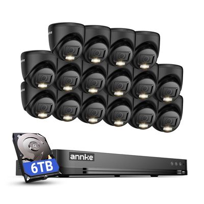 ANNKE 1080P Security Camera System, 16CH 4K DVR with AI Motion Detection, 16x 2MP (19201080) Add-on Wired Black Turret Cams with Smart Color Night Vision, IP67, Compatible with Alexa, 6TB HDD