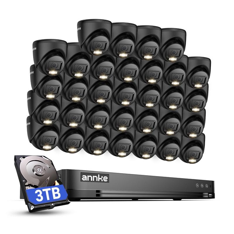 ANNKE 1080P Security Camera System, 32CH 3K Lite DVR Recorder with AI Motion Detection, 32x 2MP (19201080) Add-on Wired Black Turret Cams with Smart Color Night Vision, 3.6mm Lens, 3TB Hard Drive