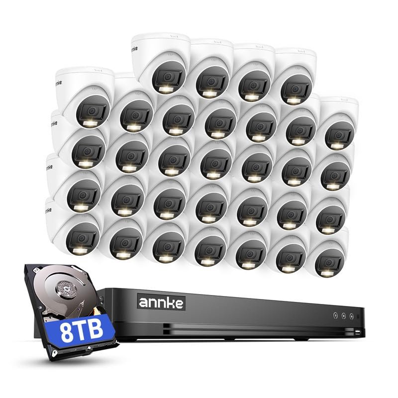 ANNKE 1080P Security Camera System, 32CH 3K Lite DVR Recorder with AI Motion Detection, 32x 2MP (19201080) Add-on Wired White Turret Cams with Smart Color Night Vision, 3.6mm Lens, 8TB Hard Drive