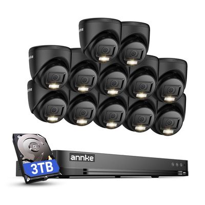 ANNKE 1080P Security Camera System, 16CH 4K DVR with AI Motion Detection, 12x 2MP (19201080) Add-on Wired Black Turret Cams with Smart Color Night Vision, IP67, Compatible with Alexa, 3TB HDD