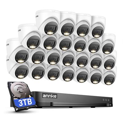 ANNKE 1080P Security Camera System, 32CH 3K Lite DVR Recorder with AI Motion Detection, 24x 2MP (19201080) Add-on Wired White Turret Cams with Smart Color Night Vision, 3.6mm Lens, 3TB Hard Drive