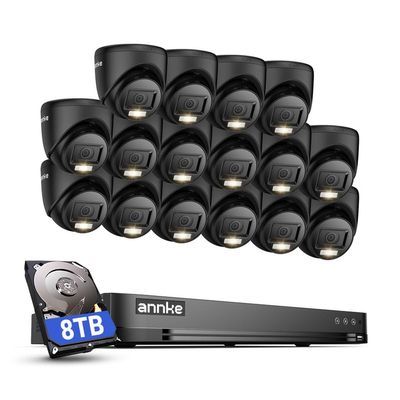 ANNKE 1080P Security Camera System, 32CH 3K Lite DVR Recorder with AI Motion Detection, 16x 2MP (19201080) Add-on Wired Black Turret Cams with Smart Color Night Vision, 3.6mm Lens, 8TB Hard Drive