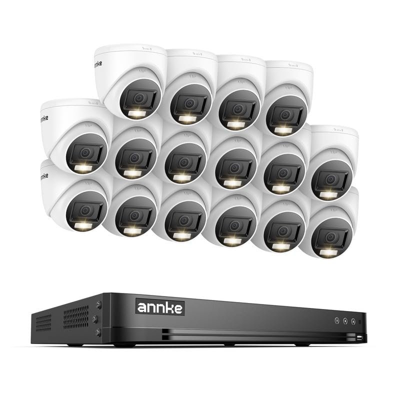 ANNKE 1080P Security Camera System, 16CH 4K DVR with AI Motion Detection, 16x 2MP (19201080) Add-on Wired White Turret Cams with Smart Color Night Vision, IP67, Compatible with Alexa, No HDD
