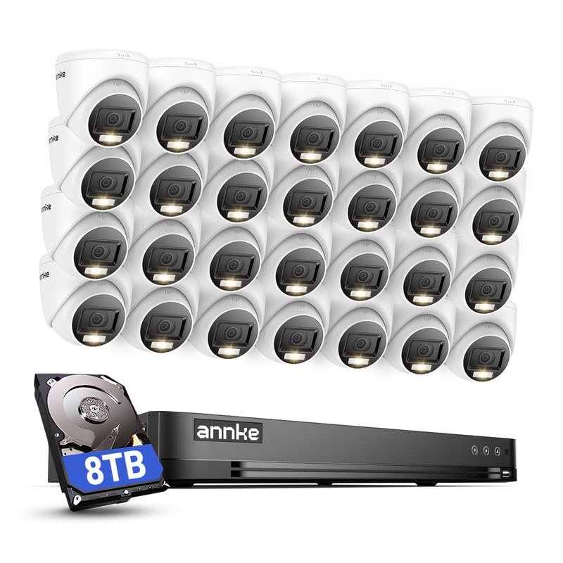 ANNKE 1080P Security Camera System, 32CH 3K Lite DVR Recorder with AI Motion Detection, 28x 2MP (19201080) Add-on Wired White Turret Cams with Smart Color Night Vision, 3.6mm Lens, 8TB Hard Drive