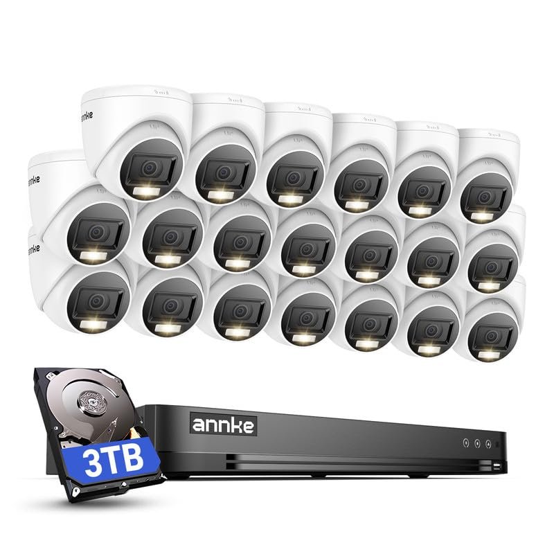 ANNKE 1080P Security Camera System, 32CH 3K Lite DVR Recorder with AI Motion Detection, 20x 2MP (19201080) Add-on Wired White Turret Cams with Smart Color Night Vision, 3.6mm Lens, 3TB Hard Drive