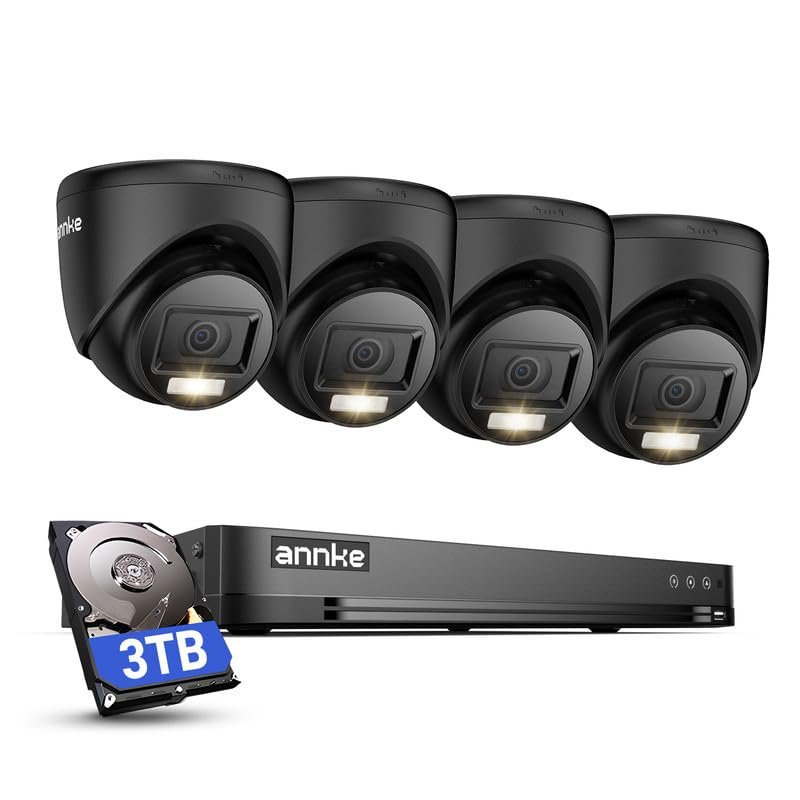 ANNKE 1080P Security Camera System, 16CH 4K DVR with AI Motion Detection, 4X 2MP (19201080) Add-on Wired Black Turret Cams with Smart Color Night Vision, IP67, Compatible with Alexa, 3TB HDD
