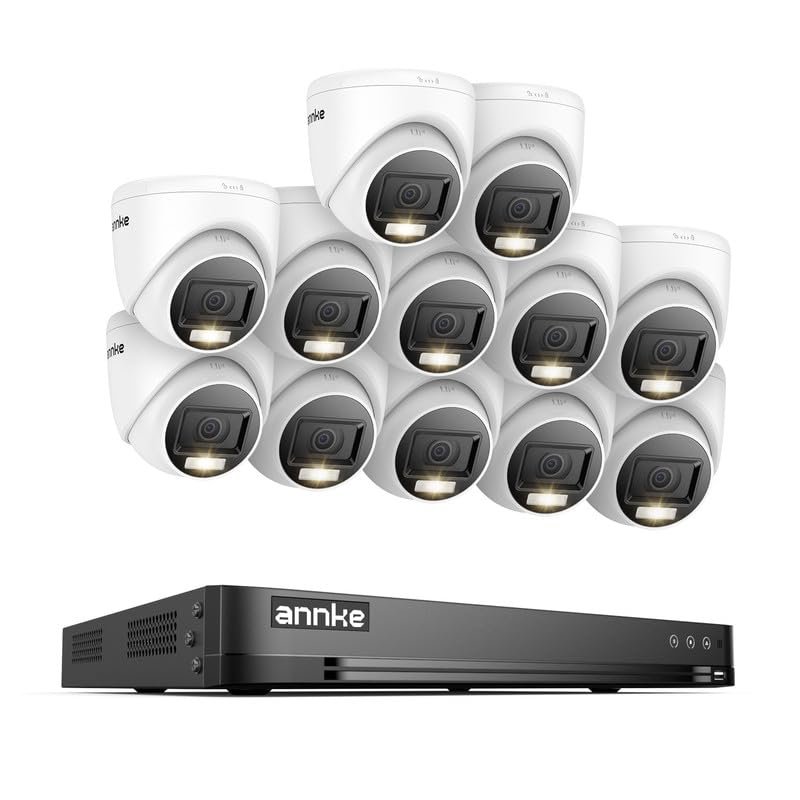 ANNKE 1080P Security Camera System, 16CH 4K DVR with AI Motion Detection, 12x 2MP (19201080) Add-on Wired White Turret Cams with Smart Color Night Vision, IP67, Compatible with Alexa, No HDD