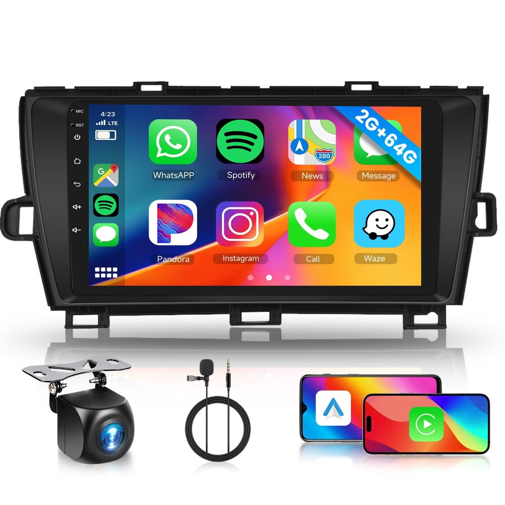 [2GB+64GB] Car Stereo for Toyota Prius 2010-2015 Android Head Unit, Wireless Carplay Android Auto Mirror Link, 9 Inch Touch Screen Car Radio GPS,Bluetooth, WiFi, FM RDS Radio,BT/SWC/EQ