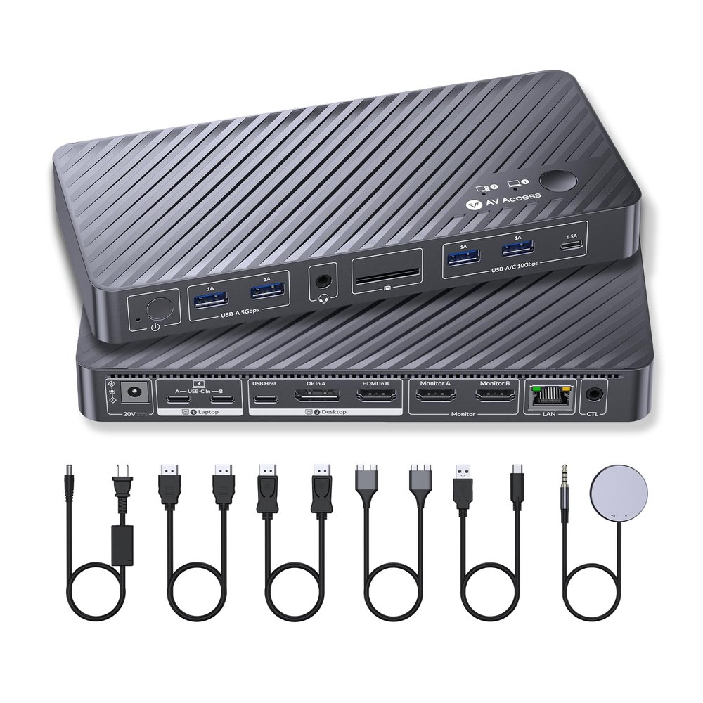 AV Access KVM Switch Docking Station for MacBook, USB-C KVM Switch 2 Monitors 2 Computers, 4K Dual HDMI Displays, 1 Laptop&1 Desktop Switching, Plug&Play, Ethernet, 100W Power Delivery, EDID Emulation