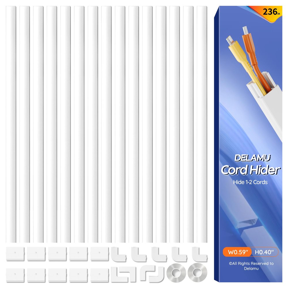 Delamu 236in Cord Hider, Professional Cable Cover Kit for Wall, TV Wire Hider for Wall Mounted TV, Raceway Cover on Management Wires, Cable Concealer, 0.59'' H x 0.40'' W, White
