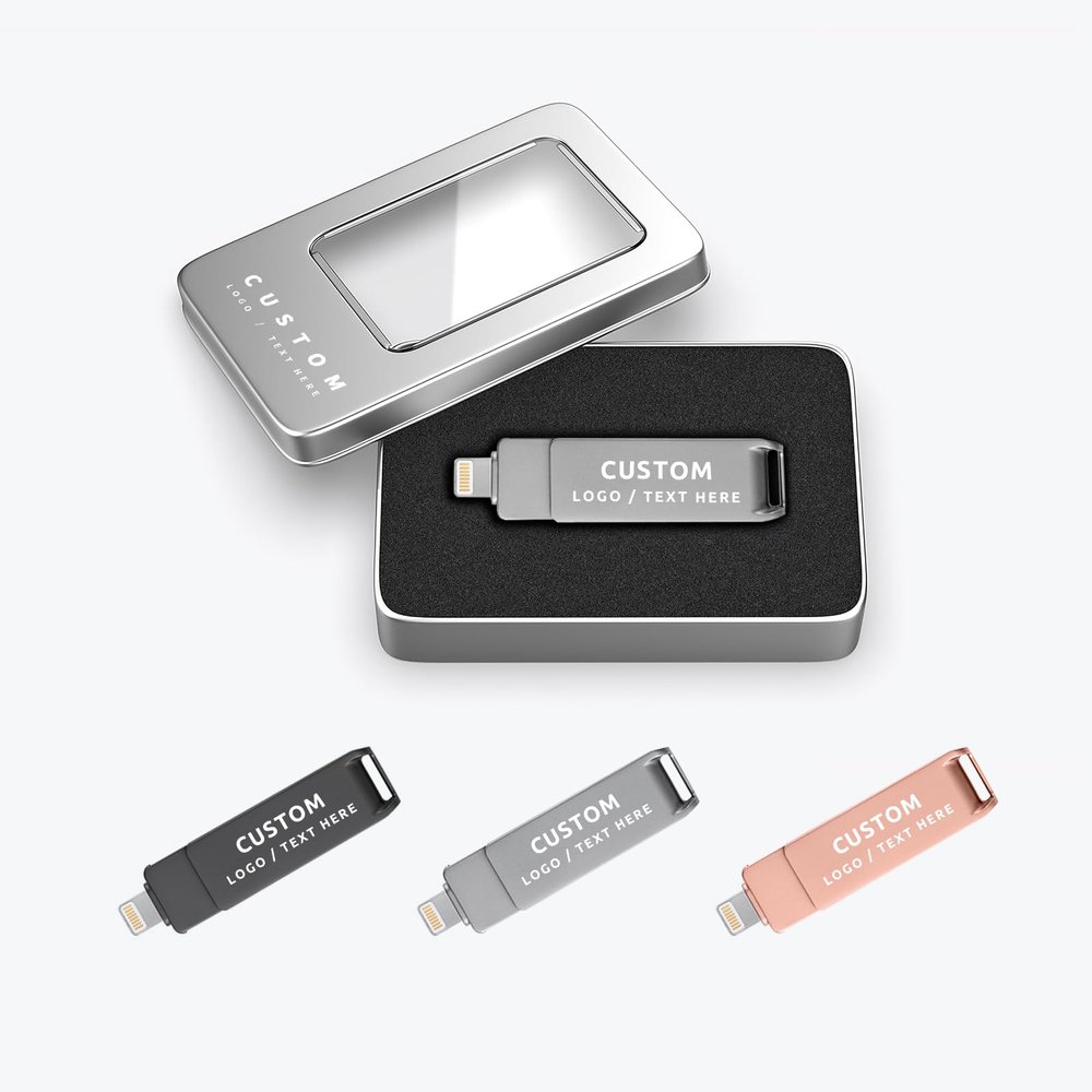 Custom OTG USB Flash Drive, 100 Pack Personalized Swivel 3-in-1 Multifunctional Pen Drive USB 3.0 Memory Stick, Ideal for Corporate Promotional and Business Event Giveaways (32 GB,with Metal Box)
