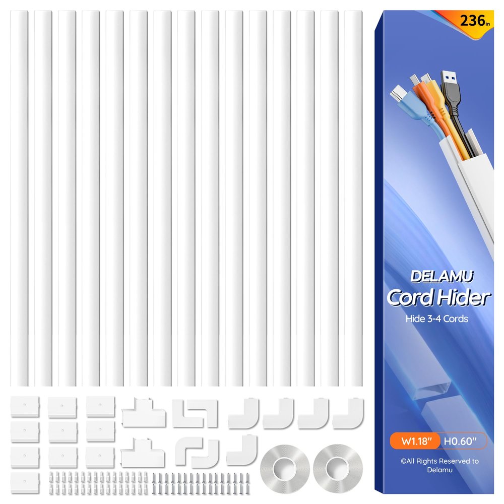 Delamu 236in Cord Hider, Professional Cable Cover Kit for Wall, TV Wire Hider for Wall Mounted TV, Raceway Cover on Management Wires, Cable Concealer, 1.18'' H x 0.60'' W, White