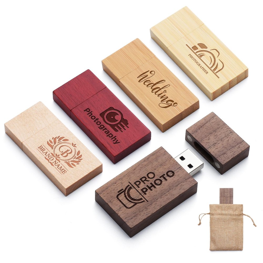 16GB 100Pcs Personalized Wood USB 2.0 Flash Drive, Custom Rectangle Thumb Drive with Linen Bag, Engraved USB Stick Bulk, Engraving/Printing Your Logo & Text for School/Graduation/Company/Photography