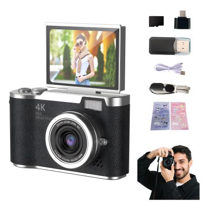 4K Foldable Screen Student Camera, Include Charging Cable, Manual, Card Reader, Memory Card, Hanging Rope with 32g Card+Card Reader+Converter (Black - Flip Screen)