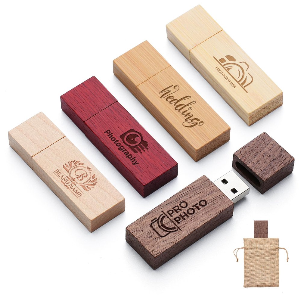 16GB 25Pcs Personalized Wood USB 2.0 Flash Drive, Custom Rectangle Thumb Drive with Linen Bag, Engraved Wooden USB Sticks, Engraving/Printing Your Logo & Text for Graduation/Company/Photography