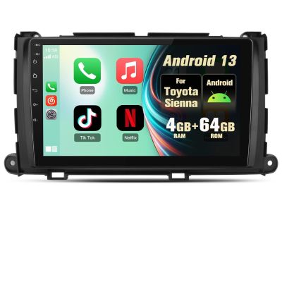 Solvitek 9 inch Car Radio for Toyota Sienna 2011-2014 with Wireless Carplay Android Auto, Android 13 Stereo with FM BT GPS SWC Backup Camera (4GB RAM+64GB ROM)