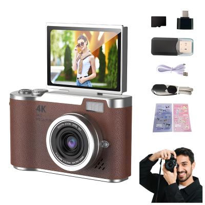 4K Foldable Screen Student Camera, Include Charging Cable, Manual, Card Reader, Memory Card, Hanging Rope with 32g Card+Card Reader+Converter (Brown - Flip Screen)