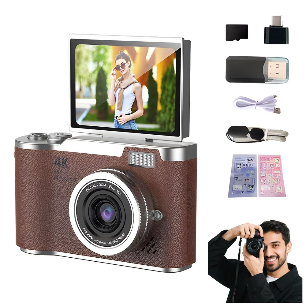 4K Foldable Screen Student Camera, Include Charging Cable, Manual, Card Reader, Memory Card, Hanging Rope with 32g Card+Card Reader+Converter (Brown - Flip Screen)