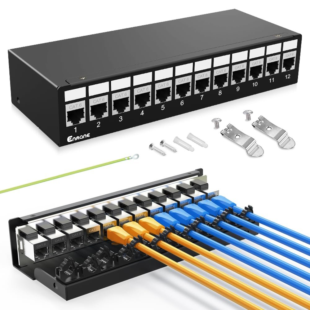 Enmane 12 Port Patch Panel CAT6 Keystone Patch Panel 1U Wall Mount Shielded
