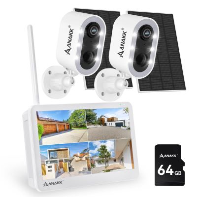 Anakk Solar Security Cameras System Wireless Outdoor with Monitor, 2 Cameras Home Surveillance, Color Night Vision, 24/7 Recording, Motion Detection, Weatherproof, Expandable to 10CH, No Monthly Fee