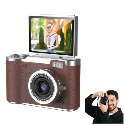 4K Foldable Screen Student Camera, Point and Shoot Digital Cameras with 32GB TF Card, Portable Camera FHD 48MP 4K Digital Camera with 8X Zoom Anti-Shake with Flip Screen (Brown, Camera Body Only)