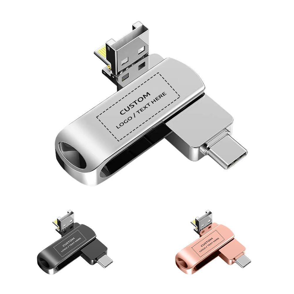Custom Swivel OTG USB Flash Drive, 100 Pack Personalized Metal 4 in 1 Versatile Thumb Drive USB 3.0 Memory Stick, Ideal for Corporate Gifts, Business Promotional Giveaways (16 GB,Without Box)