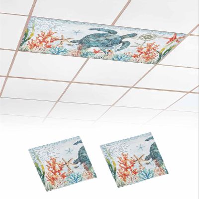 2 PCS Fluorescent Light Covers - Summer Marine Turtle Coral Seaweed Magnetic Light Filters for Ceiling Light,Ocean Life Starfish Fish Light Shade Panel for Office Classroom Home Decor,4 x 2 Feet