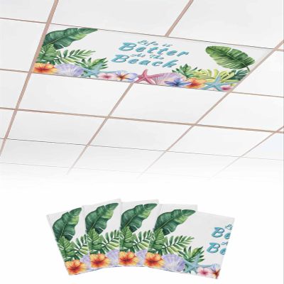 4 PCS Fluorescent Light Covers - Watercolor Tropical Leaf Floral Starfish Shell Magnetic Light Filters for Ceiling Light,Beach Ocean Theme Light Shade Panel for Office Classroom Home Decor,4 x 2 Feet