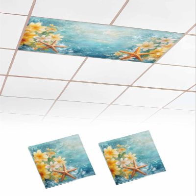 2 PCS Fluorescent Light Covers - Summer Ocean Starfish Flower Magnetic Light Filters for Ceiling Light,Watercolor Coastal Marine Theme Light Shade Panel for Office Classroom Home Decor,4 x 2 Feet