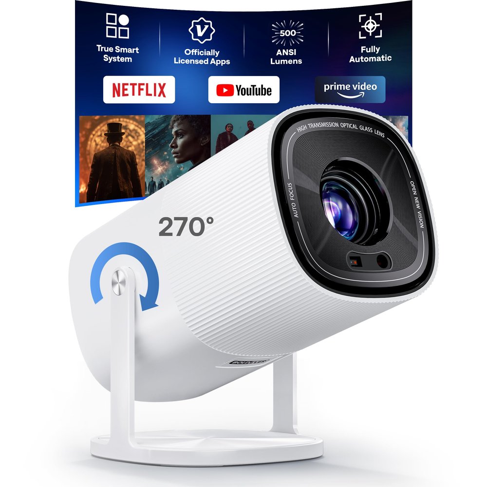 Built-in Officially-Licensed Apps & 500 ANSI Lumens & Full AutomaticBoldEver 2026 Upgraded Mini Smart Projector with WiFi 6 and Bluetooth, 270 Adjustable Stand, Movie Projector Indoors Outdoors