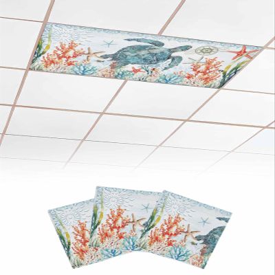 3 PCS Fluorescent Light Covers - Summer Marine Turtle Coral Seaweed Magnetic Light Filters for Ceiling Light,Ocean Life Starfish Fish Light Shade Panel for Office Classroom Home Decor,4 x 2 Feet