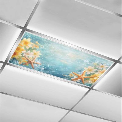 1 PCS Fluorescent Light Covers - Summer Ocean Starfish Flower Magnetic Light Filters for Ceiling Light,Watercolor Coastal Marine Theme Light Shade Panel for Office Classroom Home Decor,4 x 2 Feet