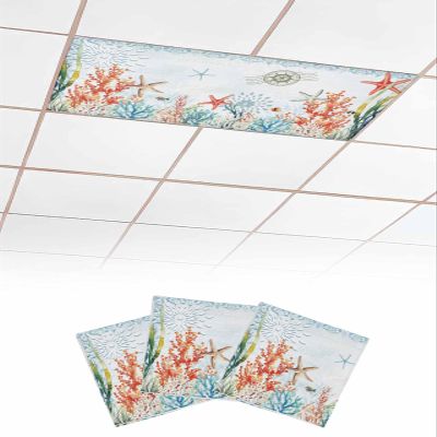 3 PCS Fluorescent Light Covers - Watercolor Underwater World Magnetic Light Filters for Ceiling Light,Ocean Coral Starfish Seagrass Light Shade Panel for Office Classroom Home Decor,4 x 2 Feet