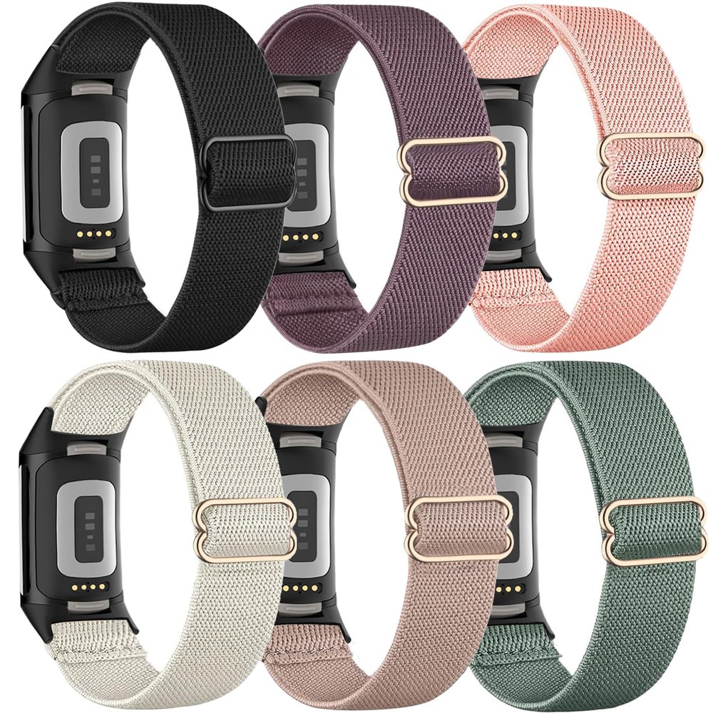 TUCOMO 6Pack Stretchy Nylon Bands Compatible with Fitbit Charge 6 / Charge 5 Bands, Loop Elastic Straps for Fitbit Charge 5/6 Men Women