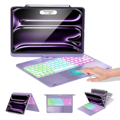 Baisla Case with Keyboard for iPad Pro 13-inch(M5/M4), iPad Air 13-inch(M4/M3/M2) & iPad Pro 12.9", Trackpad, 360 Rotatable, Rainbow Backlit Wireless Protective Case with Pencil Holder - Purple
