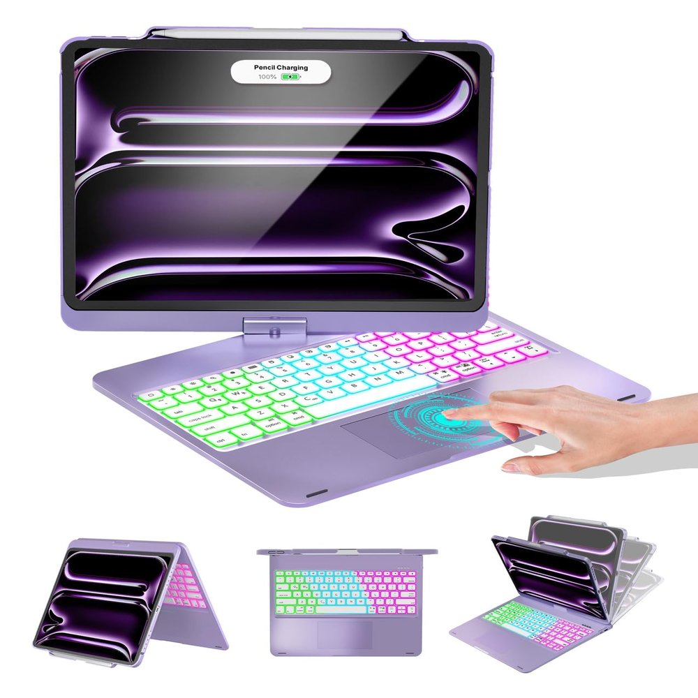 Baisla Case with Keyboard for iPad Pro 13-inch(M5/M4), iPad Air 13-inch(M4/M3/M2) & iPad Pro 12.9", Trackpad, 360 Rotatable, Rainbow Backlit Wireless Protective Case with Pencil Holder - Purple