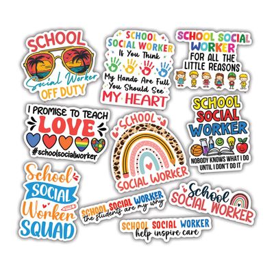 10pcs School Social Worker Sticker Sheet, Thoughtful Uplifting Vinyl Decals for Counselors, Mental Health Advocates, Educators, Waterproof UV-Resistant, for Laptop, Water Bottle, Notebook, Phone Case