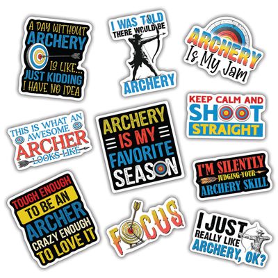 10pcs Archery Sticker Sheet, Cute Sporty Vinyl Decals for Archers, Bowhunters, Target Shooters, Waterproof, UV-Resistant, for Laptop, Water Bottle, Journal, Bow Case, Notebook, Phone Case