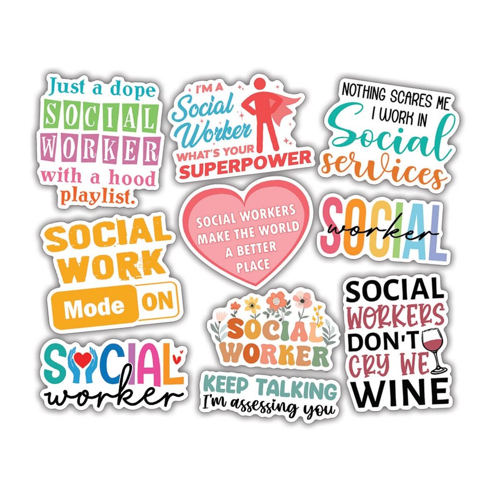 10pcs Funny Social Worker Sticker Sheet, Appreciation Gift for Women, Mental Health Office Decor, Case Manager Vinyl Decals, Therapist Supplies for Laptop, Water Bottle, Waterproof, UV-Resistant