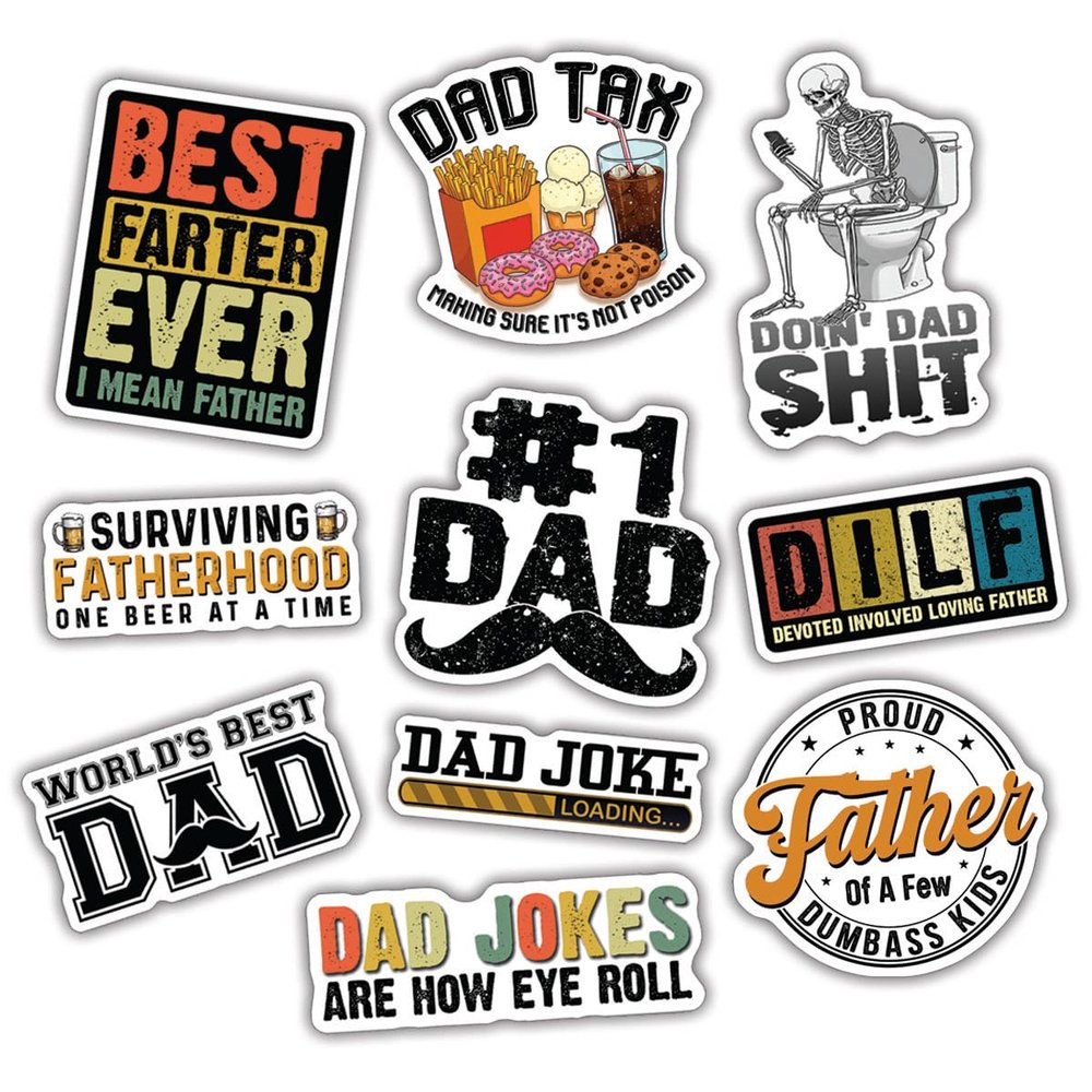 10pcs Dad Sticker Sheet, Funny and Heartwarming Vinyl Decals for Fathers, Dads, Father's Day, Waterproof, UV-Resistant, for Laptop, Water Bottle, Journal, Notebook, Toolbox, Phone Case