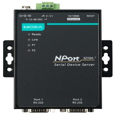 Moxa NPort 5210A-T - 2-Port RS-232 Device Server, 1.5 kV (Built-in) Magnetic Isolation Protection, Wide Range -40 to 75C (Please Purchase Power Supply Separately - PWR-12150-USJP-SA-T)