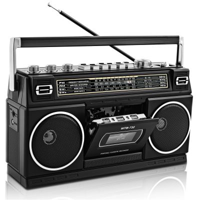 Retro Classic 80s Style Portable Boombox with Cassette Player Recorder, AM/FM/SW1/SW2 Radio, Bluetooth, USB/Micro SD Slots, Headphone Jack, 24W Dual Full-Range High Bass Speakers