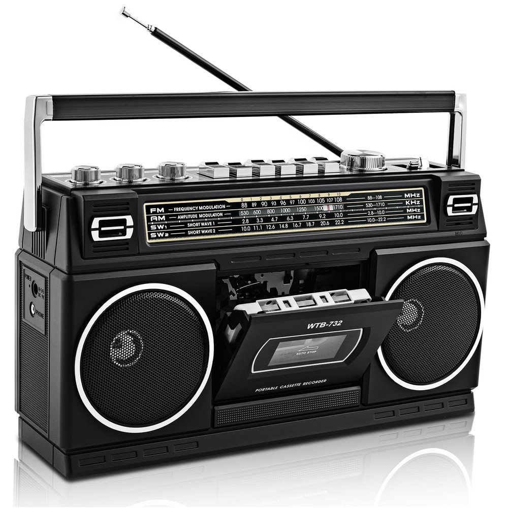 Retro Classic 80s Style Portable Boombox with Cassette Player Recorder, AM/FM/SW1/SW2 Radio, Bluetooth, USB/Micro SD Slots, Headphone Jack, 24W Dual Full-Range High Bass Speakers