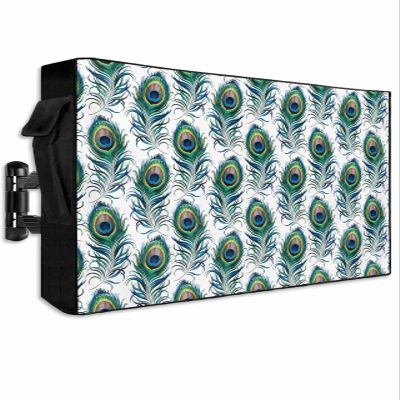 DOME-SPACE Abstract Peacock Feathers Outdoor TV Cover for Outside Flat Screen Televisions, Bohemian Green Bird Weatherproof TV Screen Protector with Zipper for 70 to 75 Inch Screens