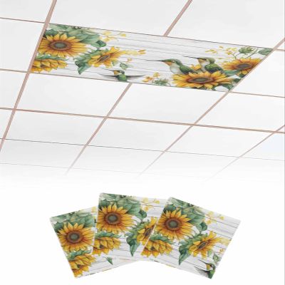 Fluorescent Light Covers for Drop Ceiling Farm Sunflower on Gray Wood Magnetic Light Filters, Spring Bird Floral Ceiling Shade Filters for Home Classroom Office,2x4 ft,3Packs