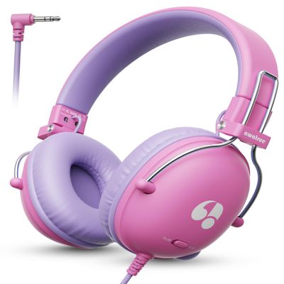 awatrue Kids Headphones, 74/85dB Safe Volume Limit, Stereo Sound, Wired On-Ear Headphones for Kids Boys Girls, 3.5mm Jack for Tablet, iPad, Kindle, YOTO Player, Airplane Travel, Pink