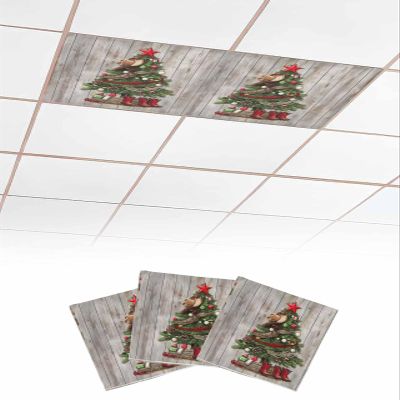 Fluorescent Light Covers for Drop Ceiling Vintage Christmas Tree Cowboy Boots Magnetic Light Filters, Western Xmas Star Wood Grain Ceiling Shade Filters for Home Classroom Office,2x4 ft,3Packs