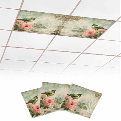 TvonTa Tey Fluorescent Light Covers for Drop Ceiling Vintage Watercolor Letter Bird Magnetic Light Filters, Pink Roses and Animals Ceiling Shade Filters for Home Classroom Office,2x4 ft,3Packs